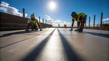 Aufkleber - Midday sun casts strong shadows on freshly poured concrete with workers focused on their tasks sweat glistening on their brows as they navigate the site amidst bright blue skies