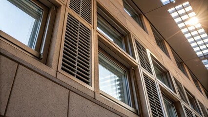 Aufkleber - Natural Ventilation Techniques A closeup of strategically p windows and vents in an ecofriendly building showing how airflow flows through the space with light streaming in
