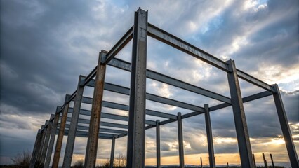 Aufkleber - New Structures Rising A closeup of skeletal metal beams coated with protective paint gradually rising against a backdrop of a clouded sky suggesting the beginning of new