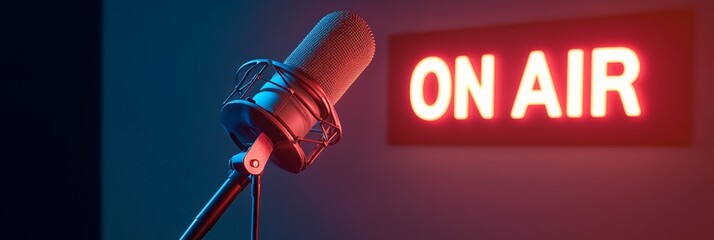 Poster - Professional microphone is ready for a radio show with illuminated on air sign in the background, representing live broadcasting, podcasting, and communication in the entertainment industry