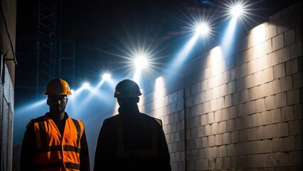 Aufkleber - Night Work A medium closeup of powerful floodlights illuminating a construction area casting stark shadows of workers against the walls. The bright light contrasts with the