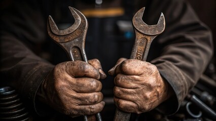 Aufkleber - Precision Tools A detailed medium closeup showcases hands gripping heavy wellworn equipment illustrating the coordination and care required to manage the intricate mechanics of the
