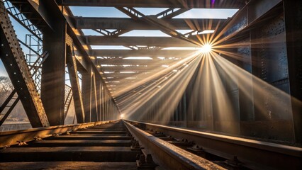 Aufkleber - Rays of sunlight pierce through gaps in the steel beams creating a radiant pattern that dances upon the rough unpolished metal surfaces.