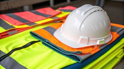 Poster - Safety Precautions A medium closeup of a hard hat resting on a stack of safety vests highlighting a mix of neon colors emblematic of industry standards and worker protection.