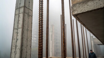 Aufkleber - Steel Bones A closeup of exposed rebar jutting out from concrete pillars ly visible through the fog accentuating the unfinished nature of the building and the stark contrast