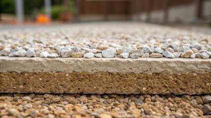 Aufkleber - The camera captures a closeup of compacted gravel showing its grains and the layer beneath a laid foundation emphasizing the essential role of proper drainage and support.