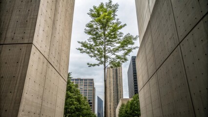 Poster - The contrast between the towering concrete structures and the small tree standing tall captured from a medium perspective illustrating the struggle between nature and urbanization.