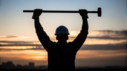 Aufkleber - The dark silhouette of a worker lifting a tool towards the dawns early light portraying the blend of strength and vulnerability as they embrace the promise of the day ahead.