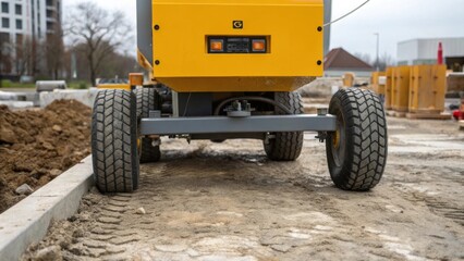 Aufkleber - The concrete pumps robust chassis anchors it on uneven terrain while its rubber tires grip the ground highlighting the machines stability and adaptation to challenging job sites.