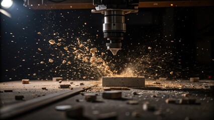 Poster -  the flying debris is momentarily suspended in time capturing the essence of industrial craftsmanship.