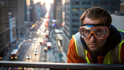 Poster - The glint of sunlight reflects off the safety goggles perched on the workers nose as they lean slightly forward to take in the expansive view of the bustling city below filled with
