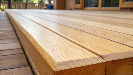 Poster - The glistening surface of the lumber showcases smooth pale wood fibers that transition from a light cream color to deeper honey tones highlighting the sharpness of the edge.