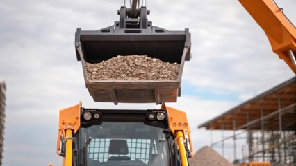 Poster - The hydraulic arm of a skid steer loader is depicted in action lifting a bucket filled with gravel emphasizing the machines strong lifting capability and versatility in