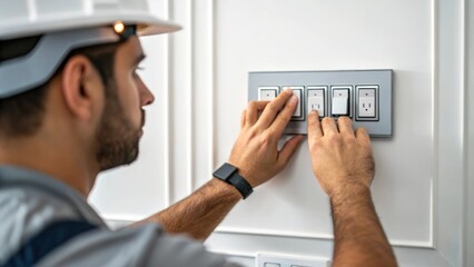 Poster - The image captures the intricate work of a worker installing dimmer switches showcasing their hands positioned thoughtfully over a sleek control panel against a backdrop of freshly