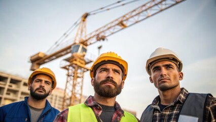 Poster -  their expressions focused and determined while appearing small against the towering crane overhead.