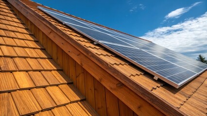 Poster - The medium closeup captures the vibrant contrast between a rich wooden roof and its adjacent solar panel installation demonstrating the harmony between natural materials and modern