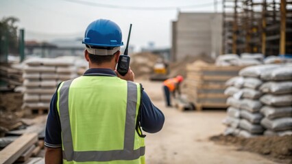 Poster - The operator communicates with a ground worker via radio the tension evident in their posture surrounded by construction debris and organized piles of materials waiting for