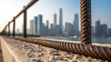 Aufkleber - The rough texture of rebar contrasts with the clean lines of the city skyline in soft focus behind