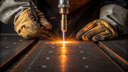 Poster - The welding torch nozzle emits a concentrated flame melting the edges of two steel plates while the workers protective gloves show signs of wear and tear indicating rigorous use.