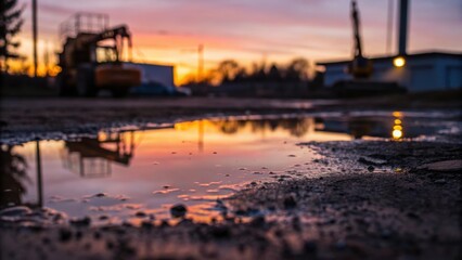 Poster - Twilight Reflections A closeup of water puddles on the ground reflecting the last remnants of twilight colors. The outlines of construction equipment and tools are blurred beneath