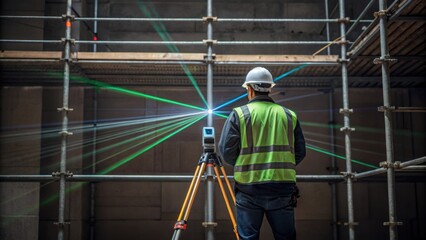 Poster - The worker stands poised adjusting the scanners angle while surrounded by scaffolding the laser beam creating a web of light reflecting off building materials accentuating the