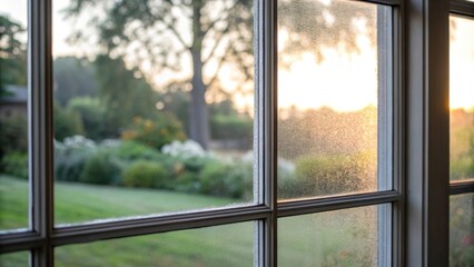 Poster - Up close the frosted glass of a contemporary window diffuses soft morning light creating a serene atmosphere while hinting at the tranquil garden outside.