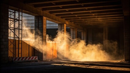 Aufkleber - Warm light envelops a section of the construction site with wisps of smoke mingling in the air transforming the surrounding gritty environment into an abstract play of light and