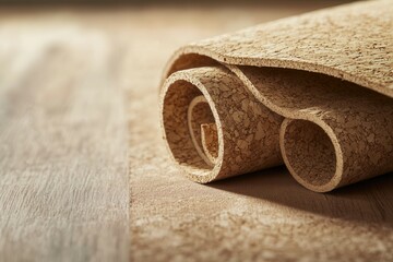 Rolled cork sheets on wooden surface for home decor and sustainable design.