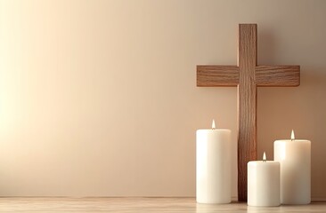 Wooden cross and white candles on a beige wall background