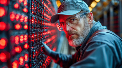 Poster - Experienced technician inspecting illuminated red circuitry in a futuristic server room, wearing safety glasses and gloves