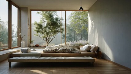 Poster - Serene Minimalist Bedroom with Wooden Platform Bed, Natural Light, and Lush Greenery for Peaceful Interior Atmosphere