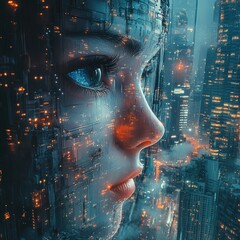 Sticker - Cyberpunk girl, futuristic city, digital portrait.