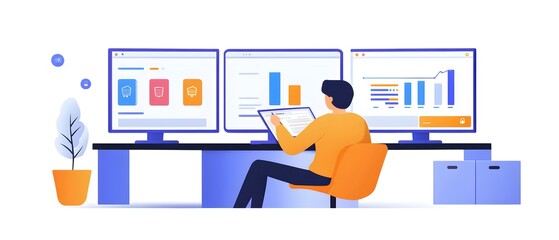 Fototapete - A focused individual analyzes data and graphics on multiple computer screens