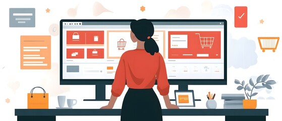 Fototapete - a professional woman analyzing data on a large monitor, surrounded by various digital elements. the 