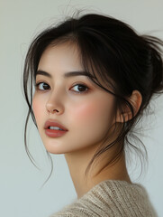 Wall Mural - Portrait of a young Korean woman with soft makeup and natural hairstyle in a light background