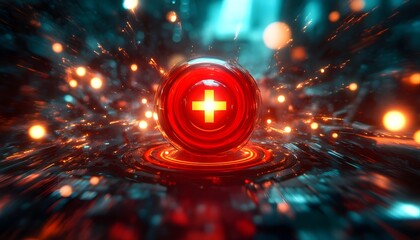Poster - A vibrant 3D render of a red medical symbol, glowing amidst colorful digital particles.