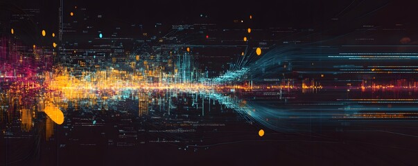 Poster - A vibrant digital landscape showcasing abstract lines and colors. This composition represents innovation and technological advancement, blending creativity with data visualization.