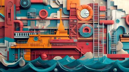 Poster - A vibrant, abstract design with geometric shapes and ocean waves in vivid colors.