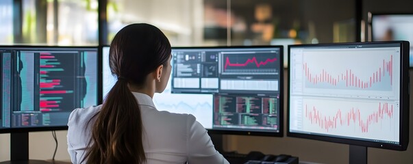 Fototapete - A woman analyzes data on multiple screens in a modern office environment.