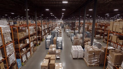 Poster - Aerial view of a large warehouse filled with boxes and pallets, organized for efficiency.
