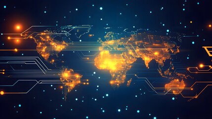 Poster - An abstract representation of a digital world map connected by glowing lines, symbolizing global networks and technological advancements in communication and information.