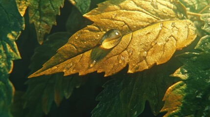 Wall Mural - Close-Up of Dew-Drop on Sunlit Leaf in a Lush Garden Setting