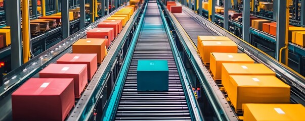 Poster - Colorful packages on a conveyor belt in a modern warehouse setting.