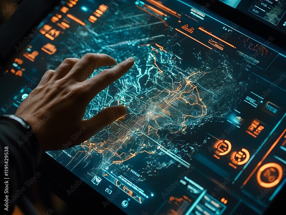 Futuristic user interface showcasing a hand interacting with a digital ...