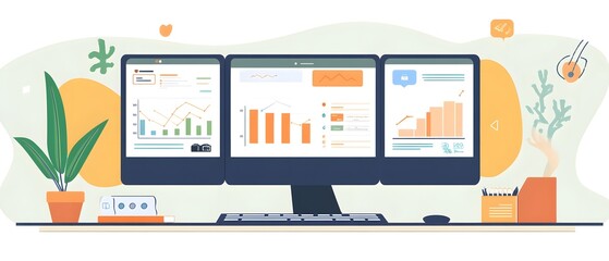 Fototapete - Illustration of a modern workspace with three computer monitors displaying data analytics, graphs, and charts alongside a plant and office supplies, symbolizing productivity.