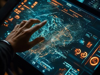 Poster - Futuristic user interface showcasing a hand interacting with a digital map on a touch screen. The design features intricate graphics, glowing elements, and data visualization.