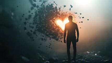 Poster - Man Standing in Shadows as Heart Shatters into Fragments, Symbolizing Love and Emotion in a Dreamlike Surreal Environment with Glowing Light