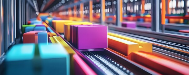 Poster - Vivid conveyor belt with colorful boxes moving in a modern warehouse setting.
