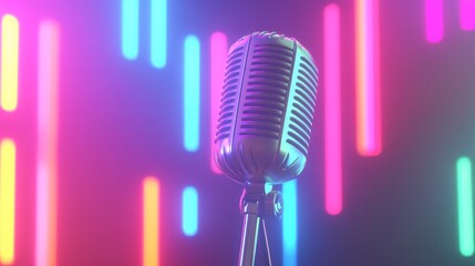 Poster - Vintage microphone is illuminated by vibrant neon lights, creating a colorful backdrop for a musical performance, podcast recording, or stand up comedy show