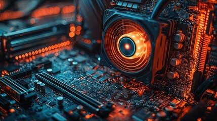 Poster - Illuminated Computer Motherboard with Cooling Fan